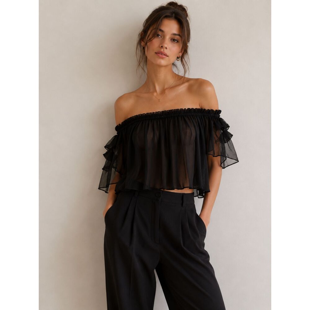 Alexis Black Crop Top 100% Silk Sheer Sleeves Gathered Off Shoulder XS
